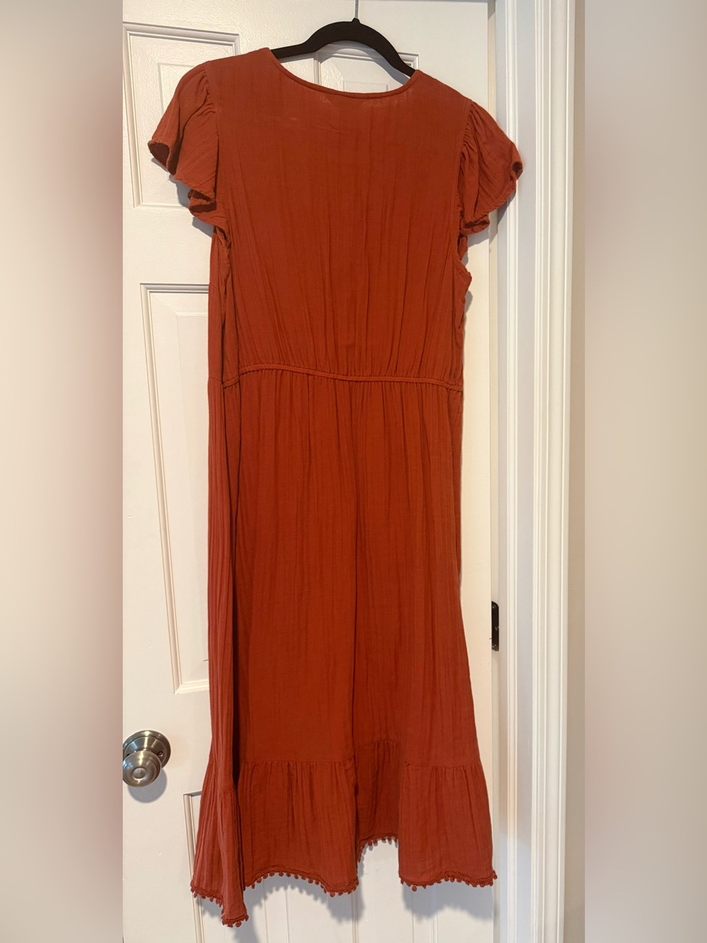 Rust Cotton Maxi Dress with V-Neck & Flutter Sleeves Women’s Size L - Picture 6 of 6